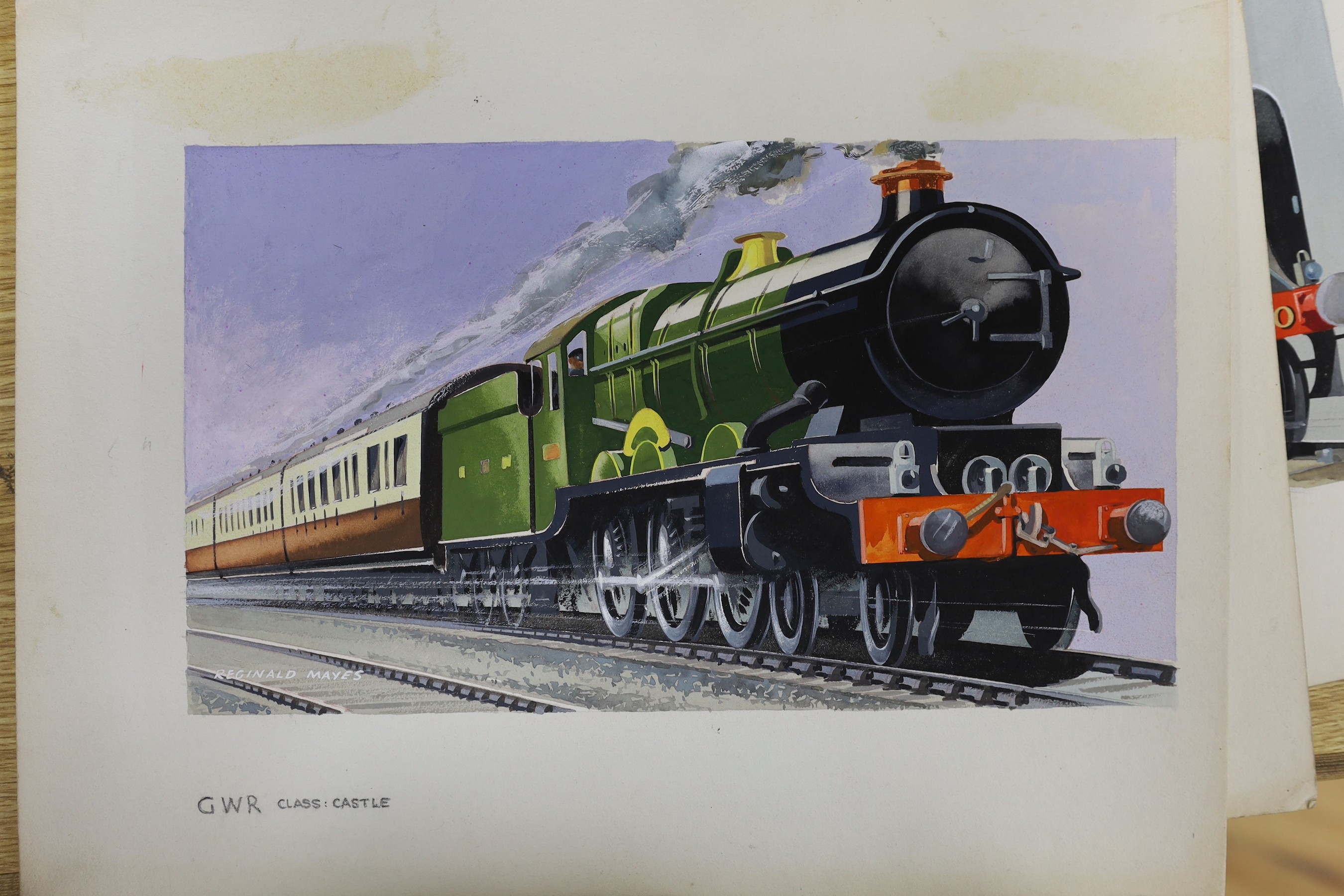 Reginald Mayes, three gouache, Vintage steam locomotive, overall 27 x 34cm, unframed